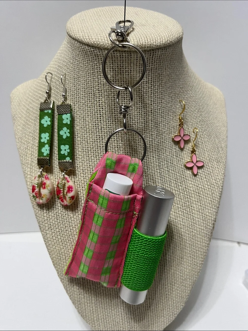 Gift Set Pink & Green Plaid Lip Balm Keychain Purse Charm Holder 2 pair Earrings